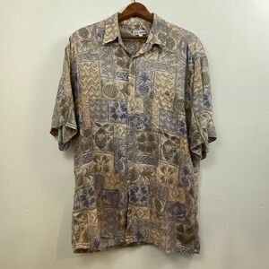Vintage Via Veneto L Shirt Beige Rayon Tropical Hawaiian 90s Retro